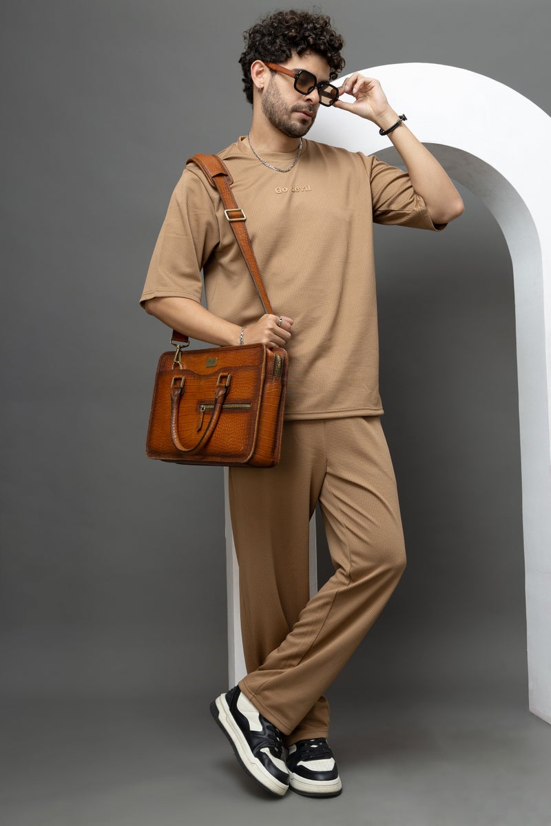 Go Devil Brown Textured T-Shirt With Pant Co-Ord Set For Men - Image 4